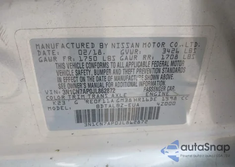 2018 Nissan Versa 1.6 Sv из США, поврежденный, VIN 3N1CN7AP0JL862872